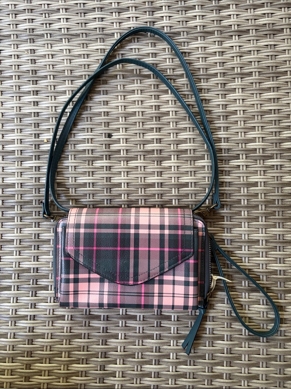 Pink Plaid Crossbody Wallet Bag with green
